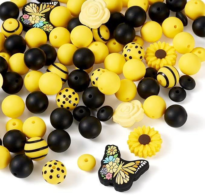 96 Pcs Butterfly Silicone Focal Beads for Keychain Yellow Silicone Loose Beads for Bracelet Making Rondelle Flower Daisy Beads for Women Jewelry Making DIY Birthday Supplies