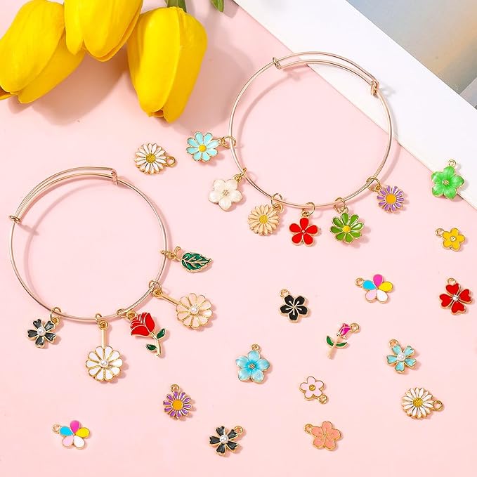 100Pcs 50 Pairs Flower Charms for Jewelry Making, Wholesale Assorted Enamel Mixed Bulk Metal Earring Charms for DIY Necklace Bracelet Earring Jewelry Making and Crafting