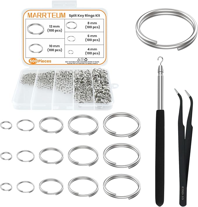500 Pcs Double Open Jump Rings Kit, Stainless Steel Mini Round Split Craft Jump Keychains Key Ring with Double Loops Connectors for Jewelry Making, Bracelets Necklace Repair, DIY (4, 6, 8, 10, 12mm)