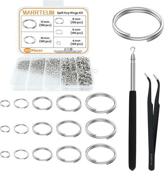 500 Pcs Double Open Jump Rings Kit, Stainless Steel Mini Round Split Craft Jump Keychains Key Ring with Double Loops Connectors for Jewelry Making, Bracelets Necklace Repair, DIY (4, 6, 8, 10, 12mm)