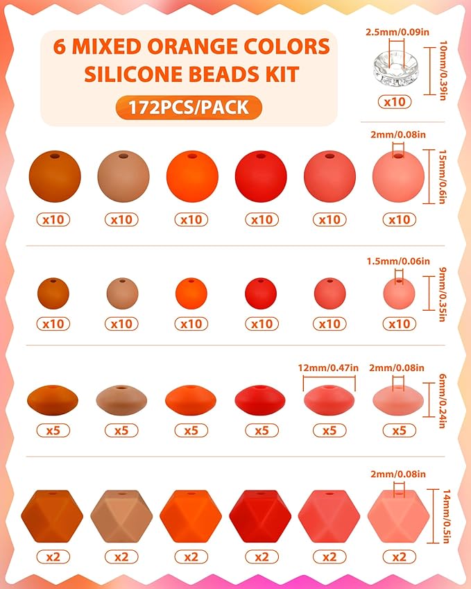 172PCS FIVEIZERO Silicone Beads for Keychain Making, 6 Mixed Colors Silicone Focal Beads Kit, 9mm & 15mm Round Lentil Hexagon Bead & Rhinestone Spacer Bead for Jewelry Making & Bracelets (Orange)