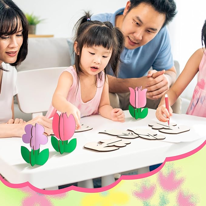 Blosssound 48 Pcs Spring Crafts Set 36 Pcs 3D Wooden Flower Cutouts Unfinished Tulip Slices Wood Daisy to Paint with 12 Colored Pens for Mother's Day Summer Easter Floral Handmade Crafts DIY Projects