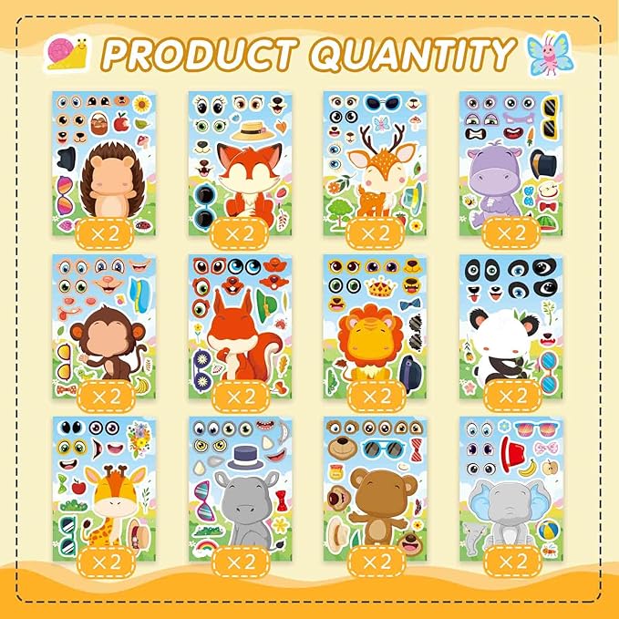 24 sheets make a face stickers, animal stickers for kids make your own mix and match sticker sheets with 12 wild animals designs, fox elephant hedgehog, kids party favors activities