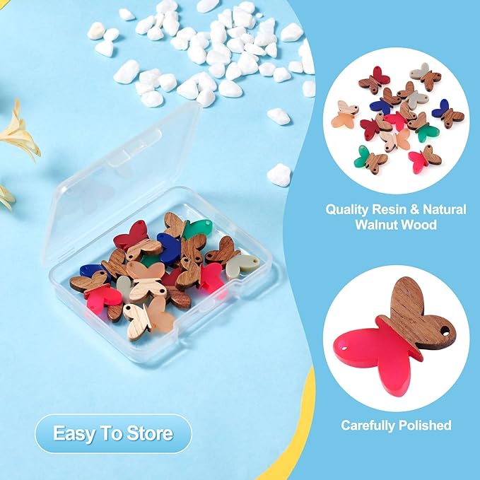 Beadthoven 12pcs/6 Pairs Butterfly Wood Resin Charms Connector Pendants, Mini Small Butterfly Wood Earrings Blanks Wooden Pendants for DIY Bracelet Jewelry Making Spring Boho Earrings Necklace Women