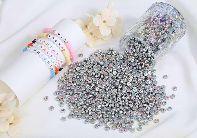 LAIDANLA 1500PCS Acrylic Letter Beads Alphabet Colorful Letters Silver Round Bead 7×4mm for Jewelry Bracelets Necklaces Key Chains Making