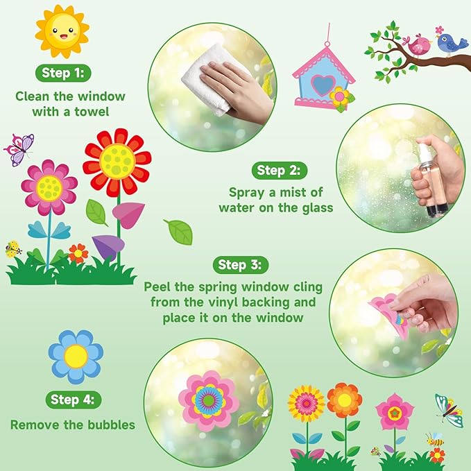 9 sheets spring window clings for glass windows, hello spring stickers decals decor for kids, summer decorations for classroom, home, office