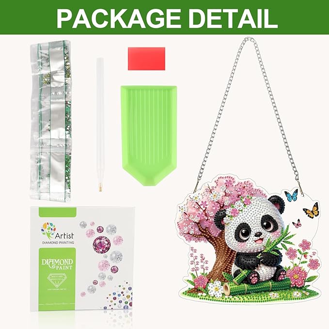 CEOVR Panda Diamond Painting Pendant, Animal Hanging Diamond Art for Adults, DIY Gem Art Wall Hanging Ornament, Acrylic Home Garden Decor with Chain, Box Kit 7.79×6.9inch