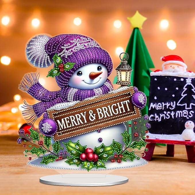 LAKEQUILL Christmas Diamond Painting Kits, Tabletop Ornament, Stand Up Diamond Art Desktop Kits for Home Office Decor, New Year Gift - Snowman (Purple)