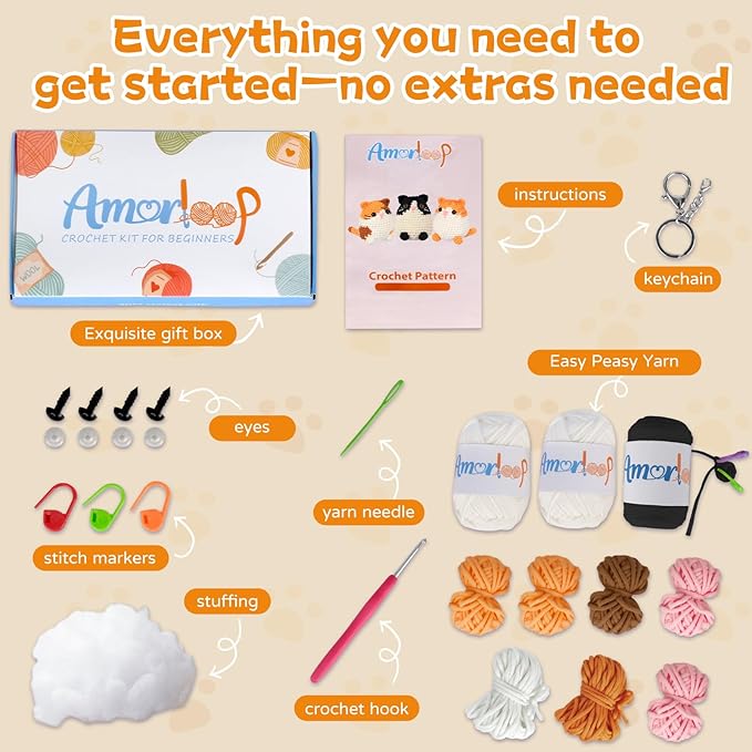 Amorloop Beginner Crochet Animals Kit for Adults Kids – 3 PCS Crochet Kit with Easy-to-See Stitches Yarn and Video Tutorials, Cute Animal Designs, DIY Crochet Set for First-Time Learners - Cat Combo