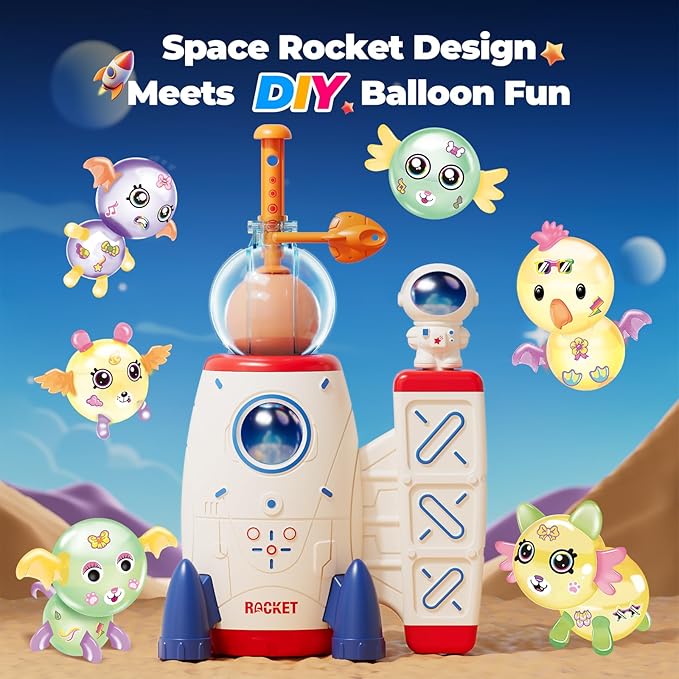 pinshile diy space magic balloon craft kit, sticker decorated balloons toy for kids, rocket air pump fun with balloon monster pals, diy creative activity, birthday gifts for girls boys ages 3+