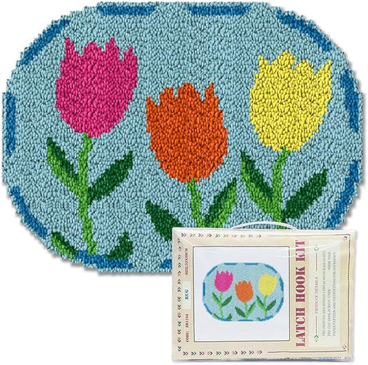 ORIGACH Tulip Latch Hook Rug Kit for Adults Printed Rug Making Kit Handmade Carpet Tapestry Cover with Hook Latch and Preprinted Canvas, Home Arts Crafts Sofa Decor, 20.5x15inch