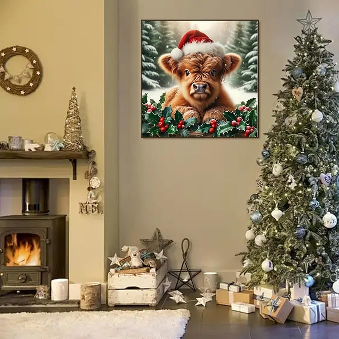 Semneroy Christmas Highland Cow Diamond Art Kits for Adult, Xmas 5D Diamond Painting for Beginnger,DIY Full Drill Winter Holiday Rhinestone Diamond Dots Gem Painting Art Craft Home Decor 14 x14 Inch
