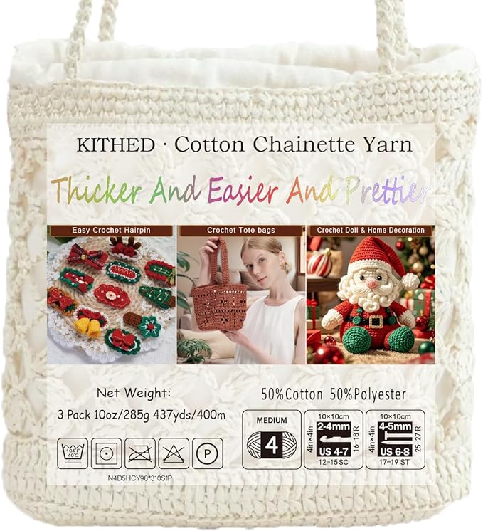 Cotton Chainette Yarn,4 Medium (Worsted)-10oz,3 Pack,Knitting Yarn for Beginners,Thicker for Crocheting and Knitting (03 Light Grey)