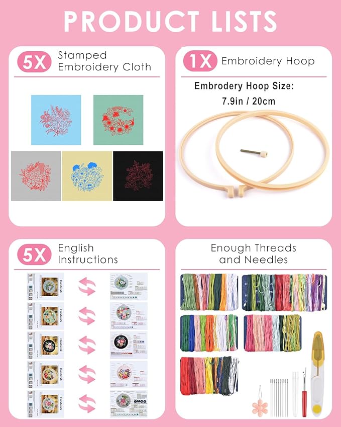 TINDTOP 5 Sets Embroidery Kit for Adults, Floral Embroidery Practice Kit for Beginners Include Embroidery Cloth Hoops Threads for Craft Lover Hand Stitch