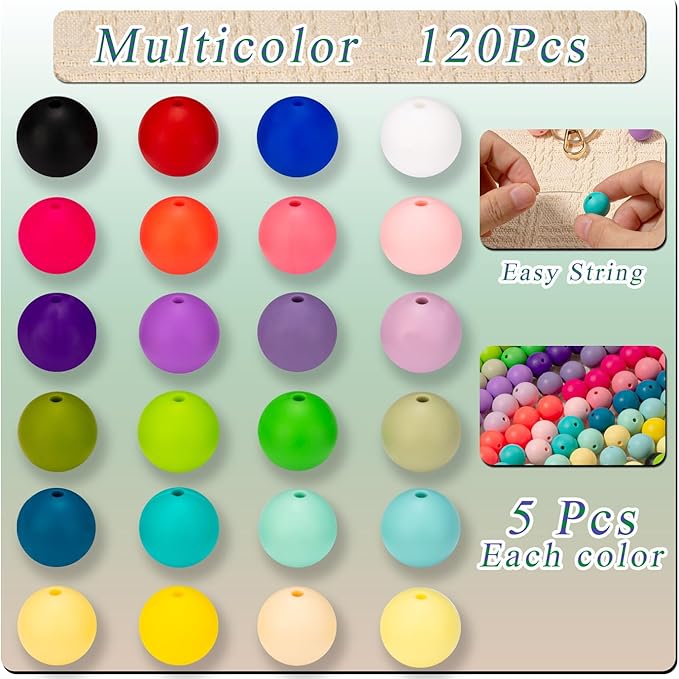MAIBAOTA 120 Pcs Silicone Beads 24 Colors 15 mm Silcone Beads for Keychain/Bracelet/Pens Making Mixed Color Round Focal Rubber Beads for Crafts Making(with Boxed Kits)