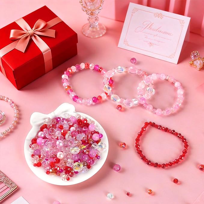 636pcs glass beads for jewelry making - pink red valentine's day craft crystal beads with loose beads sparkly faceted beads hole drilled diy for bracelets craft earrings necklace jewelry making