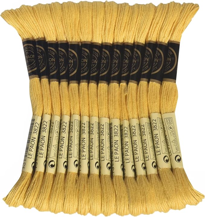 LE PAON Embroidery Floss, 14-Pack Six Strands 100% Long Staple Cotton Embroidery Thread, 8.7-Yard，Color Number：3822, Light Straw