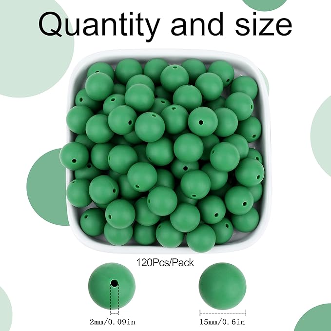 MAIBAOTA 120 Pcs Christmas Green Silicone Beads 15 mm for Keychain/Pens/Bracelet/Necklace Making Round Silicone Bulk Kits
