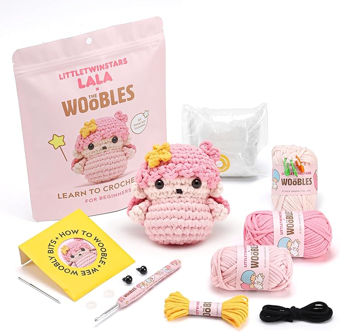 The Woobles Hello Kitty Crochet Kit - Beginners Wooble Crochet Animal Kit Crafts with Easy Peasy Yarn as seen on Shark Tank - with Step-by-Step Video Tutorials (LittleTwinStars - Lala)