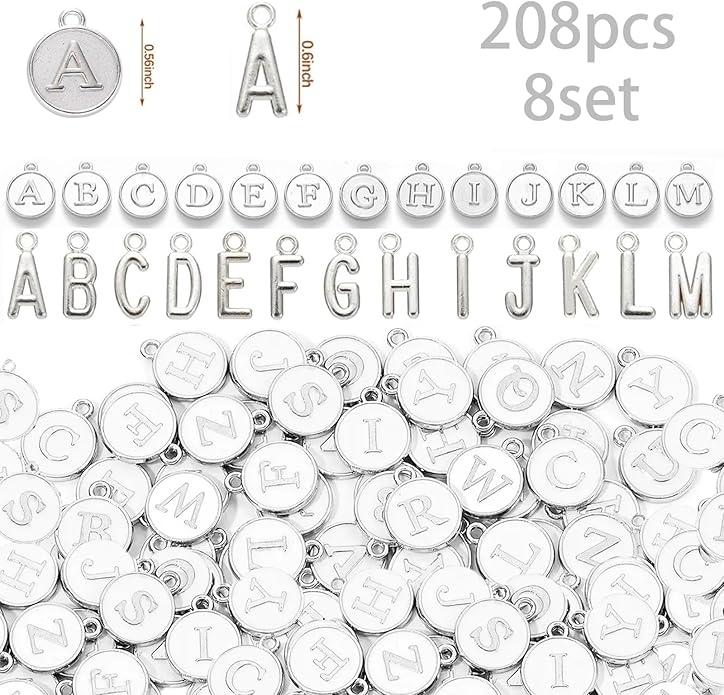 208Pcs/8 Sets Silver Letter Charms A-Z Alphabet Metal Initial Charms kit for Jewelry Making DIY Bracelets Necklaces and keychain making
