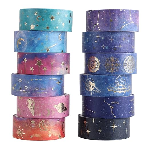 12 Rolls Galaxy Washi Tape Set, Gold Foil Decorative Masking Tape for Scrapbooking, Journal, Planner, DIY Crafts, Gift Wrapping