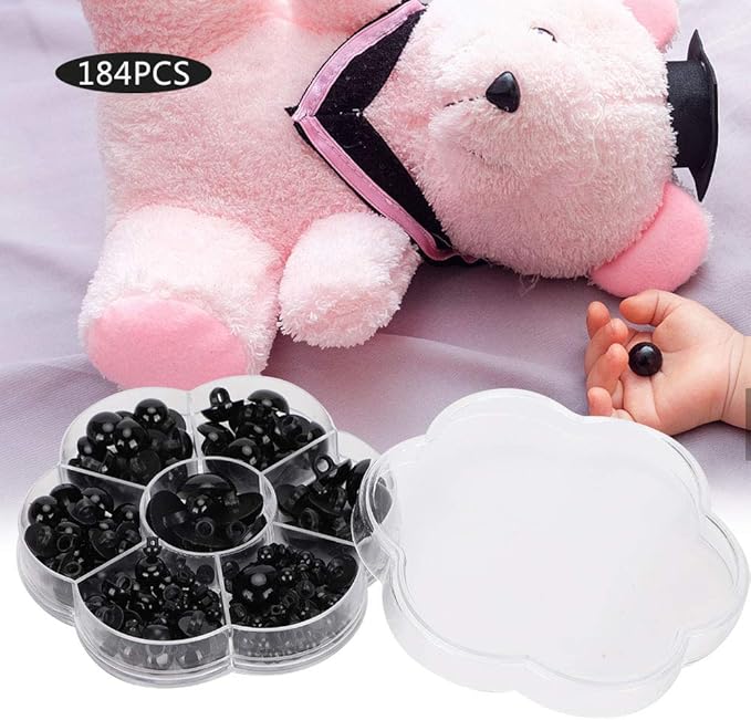 Watris Veiyi 184PCS Plastic Safety Eyes, Stuffed Animal Eyes, Black Crochet Eyes, Craft Doll Toys Eyes, Mushroom Domed Sewing Buttons for Amigurumi Stuffed Doll Plush Animal Puppet