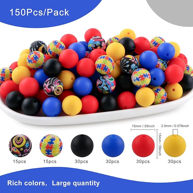 150Pcs Mixed Color 15mm Silicone Beads for Keychain Making, Red Black Medical Print Silicone Beads for Pens and Bracelet Making