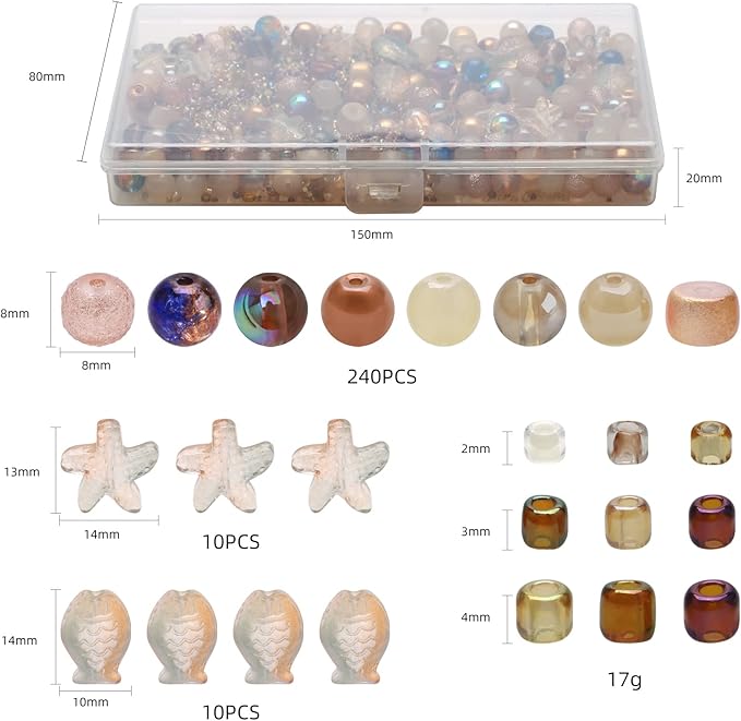 Rired 27 760pcs Mixed Glass Beads for Jewelry Making, 8MM Brown Assorted Round Beads, Bracelet Making Kit Including Ocean Starfish Crystal Beads and Seed Beads
