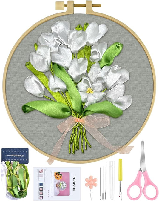 ERKOON Embroidery Kit for Beginners, Silk Ribbon Flower Cross Stitch Set for Include Embroidery Cloth Hoops Threads for Craft Lover Hand Stitch (True Confessions)