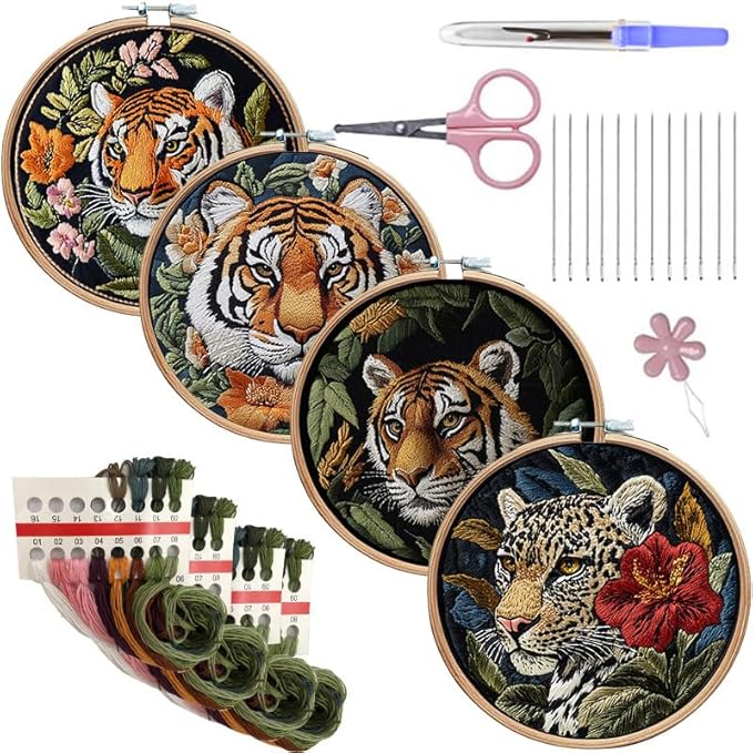 LB 4 Pack Wildlife Animal Leopard Embroidery Kit for Beginners Green Leaf Beginner Embroidery Kit for Adults DIY Starter Kit with Embroidery Hoop Colorful Threads Tools Step by Step Instructions