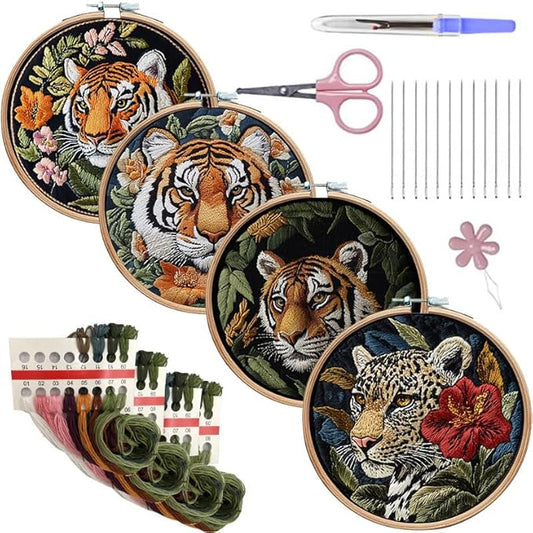 LB 4 Pack Wildlife Animal Leopard Embroidery Kit for Beginners Green Leaf Beginner Embroidery Kit for Adults DIY Starter Kit with Embroidery Hoop Colorful Threads Tools Step by Step Instructions