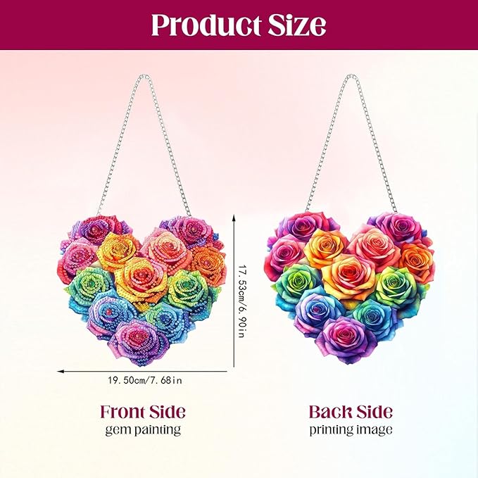 Masendp Multicolored Roses Hanging Diamond Art Kits for Adults, Special Shaped Heart-Shaped Diamond Painting Pendant Ornaments Kit DIY Crystal Rhinestone Gem for Home Decoration and Gifts