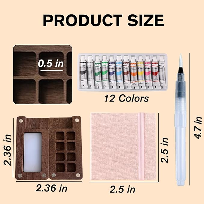 Aimery Mini Watercolor Paint Travel Set, Portable Small Miniature Pocket Water Color Painting Kit with Wooden Palette & Sketchbook(Pink)