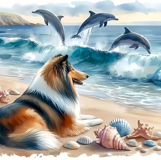 Diamond Art Kits for Adults Collie Dog, DIY 5D Diamond Painting Kit for Beginners Dolphin, Beach Full Round Drill Gem Art Dots for Adults, Diamond Dots Paintings Crafts Home Wall Decor 14X14 Inch