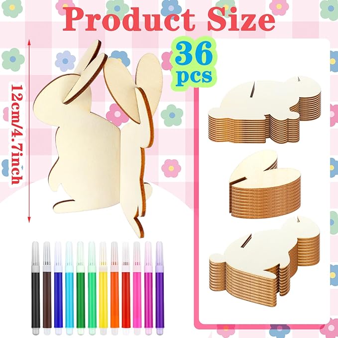 Blosssound 48 Pcs Easter Craft Set 36 Pcs 3D Wooden Bunny Cutouts Wood Unfinished Rabbit Slices to Paint with 12 Colored Markers for Easter Spring Crafts DIY Handmade Table Tiered Tray Decor