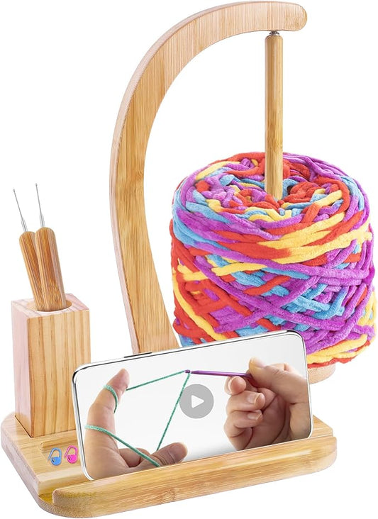 Upgraded Yarn Holder for Crocheting and Knitting,Wooden Crochet Yarn Holder Magnetic Yarn Spinner with Crochet Accessories Storage and Phone Stand,Yarn Ball Holder Crochet Gift for Knitting Lovers