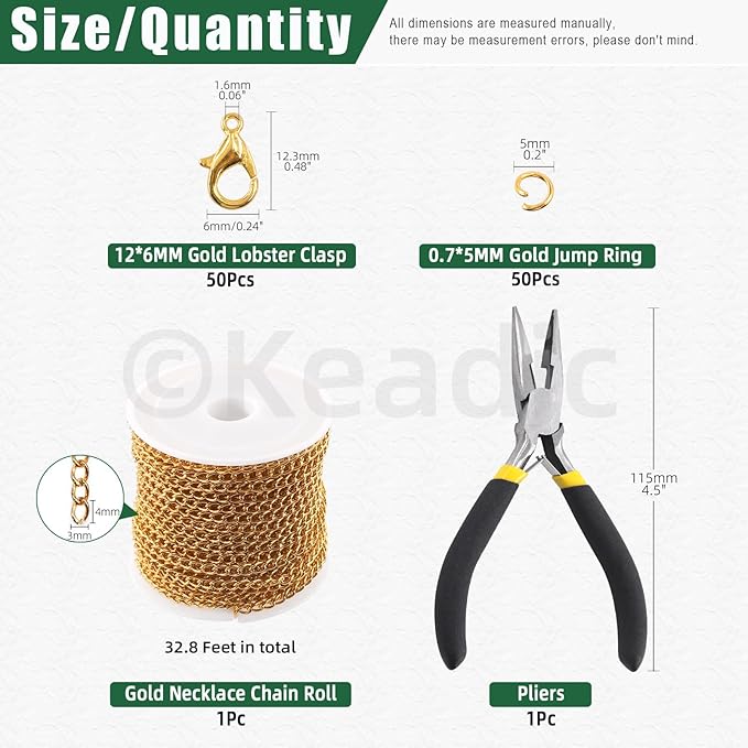 Keadic 102Pcs 30 Feet Jewelry Making Chains Kit W 3mm Metal Necklace Twisted Links Chain, Lobster Clasps, Open Jump Rings and Jewelry Pliers for Bracelet Earring Anklet DIY (Gold)
