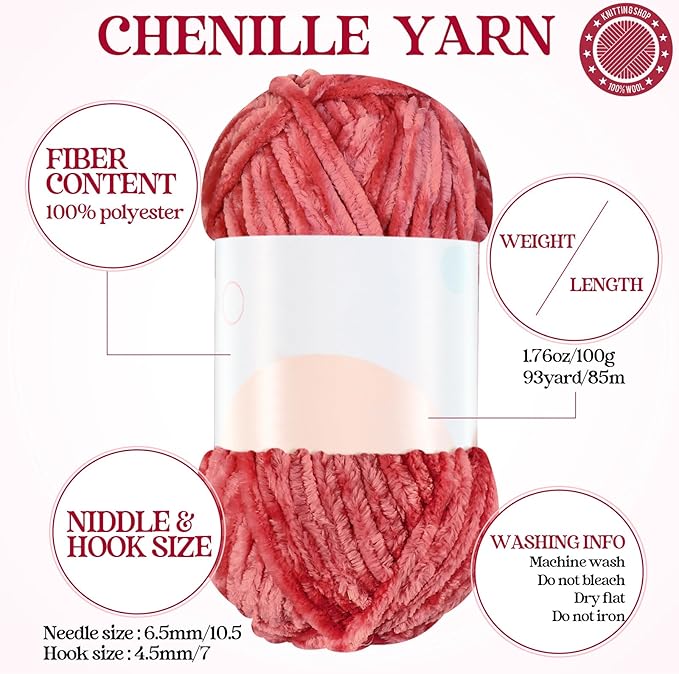 Woanger 20 Skeins Soft Chenille Yarn Velvet Blanket Yarn for Crocheting Hand Knitting Weaving DIY Craft, 93 Yards Each (Pink Tone)