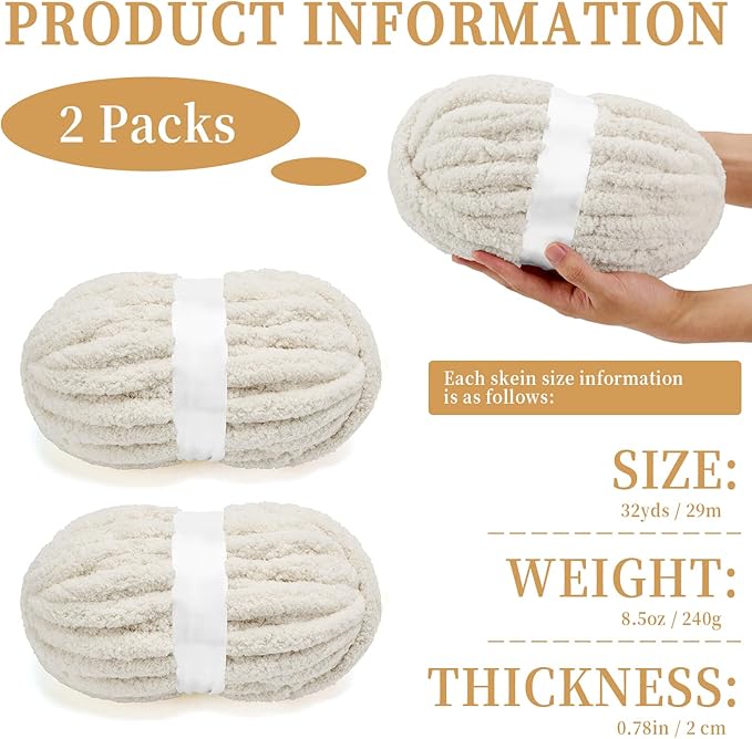 Chunky Chenille Yarn for Crocheting/Arm Knitting, Super Soft Jumbo Knit Blanket Yarn Beige 2 Pack (32 yds, 8.5 oz Each Pack)