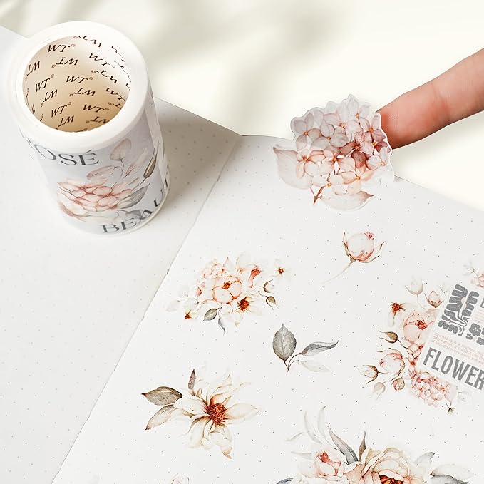 WT Pre-Cut Sweet Rosé Wide PET Tape, Single Roll, Original Designs, Dreamy Rose Motifs & Subtle Handwritten Accents, Decorative Clear Tape for Journaling, Scrapbooking, Planner, DIY Crafts