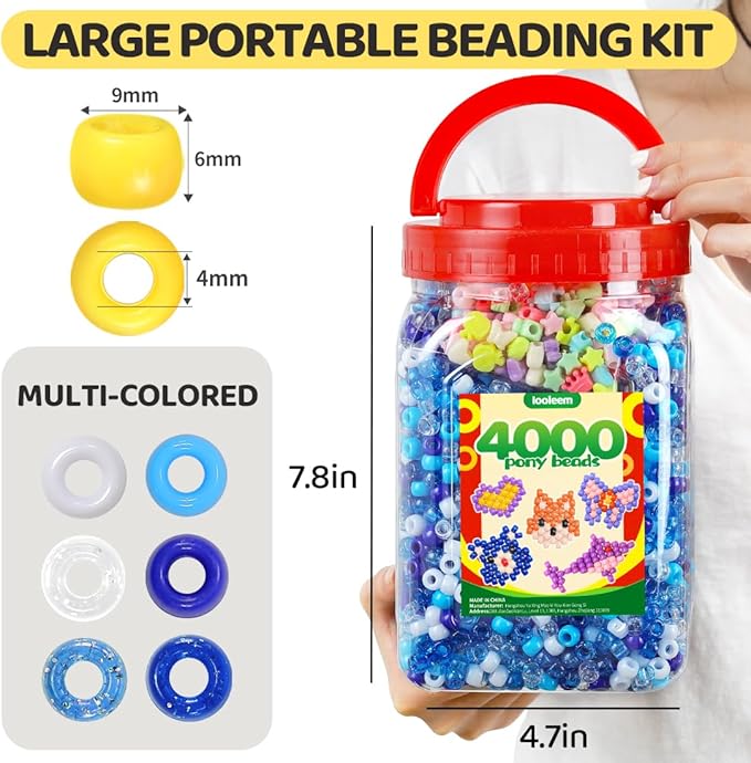iooleem blue solid & glitter bulk pony beads - 4000pc kit for friendship bracelets & jewelry making, easy storage