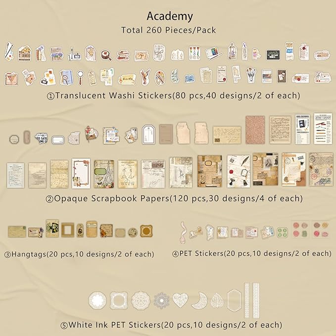 260 PCS Vintage Scrapbooking Supplies Aesthetic Journaling Kit,Large Collection for Bullet Junk Journals,Arts Craft Collage,Ephemera Adults,Beginners,Girls Teenage School Style(Academy)