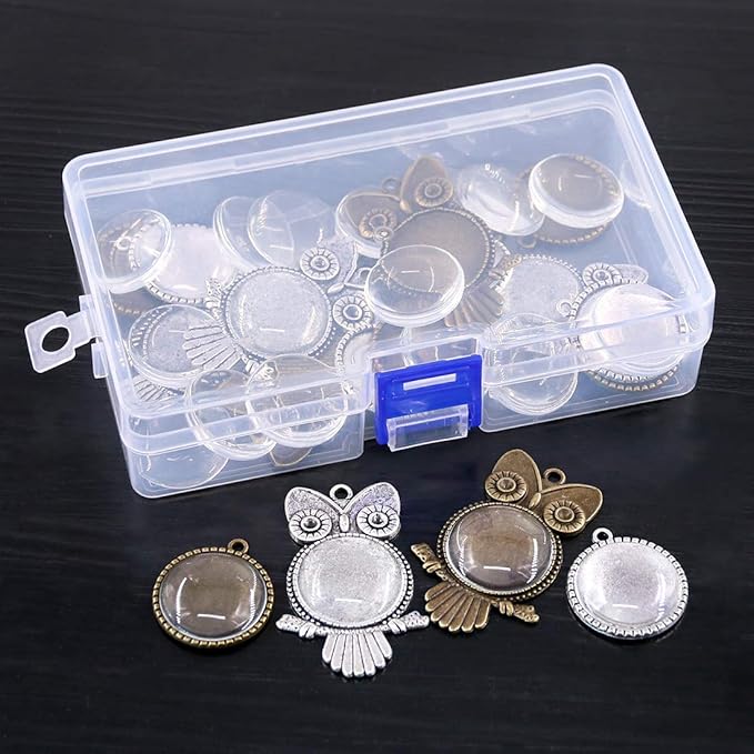 Glarks 48-Pieces Mixed Antique Bronze Silver Owl & Tree Bezel Pendant Tray with Glass Cabochons Charm Cameo Tray for Bracelet Necklace Crafting DIY Jewelry Gift Making