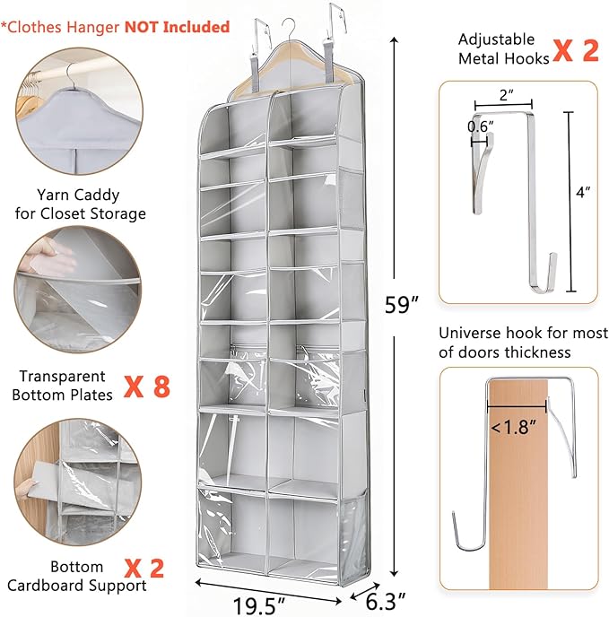 MYBAGZING Hanging Yarn Storage Organizer with Zipper Pockets, 6 Tiers Over the Door & Closet Yarn Holder, Large Crochet & Knitting Organizer with Side Pockets for Hooks, Needles & Accessories