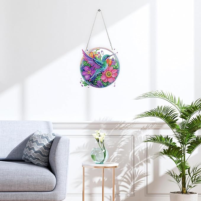 QENSPE Diamond Art Hanging Kits for Adults, 5D Hummingbird Special Shape Diamond Paingting Ornaments with Chain, DIY Flowers Crystal Window Pendants for Home Wall Decor Double Sided 8X8 inch
