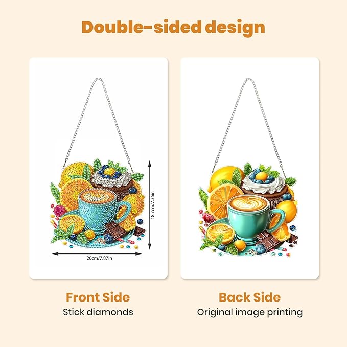 MXJSUA Coffee Lemon Diamond Art Hanging Kits for Adults Beginners, DIY Acrylic Special Shaped Crystal Diamond Gem Drills Pendant Art Painting Ornament for Home Wall Decor Gift 8x8 inch