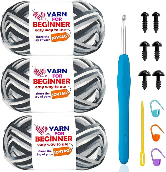 3 Pack Rainbow Beginner Crochet Yarn for Crocheting Knitting Multicolor Cotton Crochet Yarn for Beginners with Easy-to-See Stitches Cotton-Nylon Blend Easy Yarn for Beginners(Black Grey Tone)