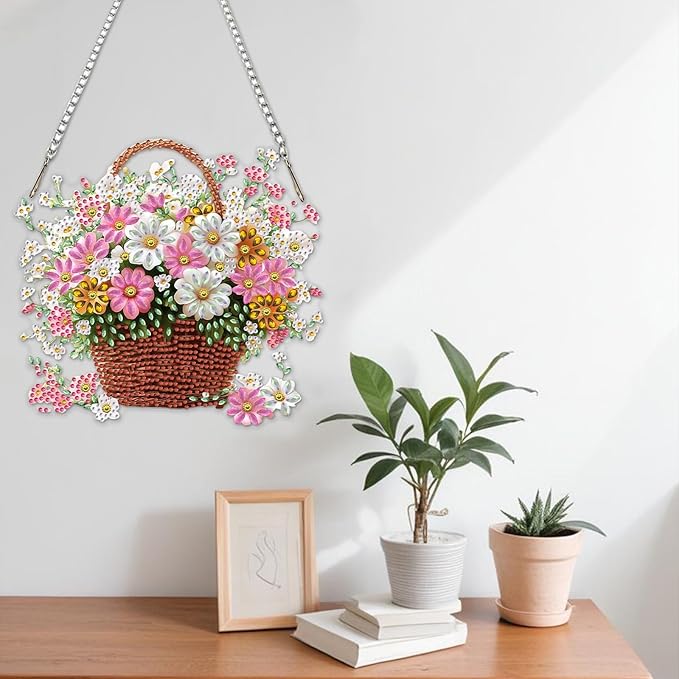 NAIMOER Diamond Art Hanging Kits for Adults Flower Basket 5D Special Shaped Rhinestone, DIY Acrylic Diamond Art Painting Window Pendants Home Garden Wall Hanging Ornament Kits, Double Sided