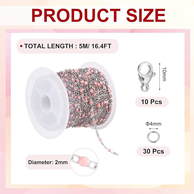 MECCANIXITY Stainless Steel Bead Chain, 16.4 Feet/5M Enamel Beaded Jewelry Link Cable Chains Spool Kit for Jewelry Making, Necklace, Bracelets, DIY Crafts (Silver/Pink, Pack of 1)