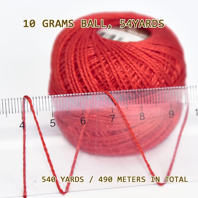 Double Mercerized Egyptian Long Staple Cotton Pearl Thread Ball 10 Grams Rainbow Color Embroidery Thread 10 Colors per Box for Crochet Hardanger Cross Stitch Hand Embroidery,red Series